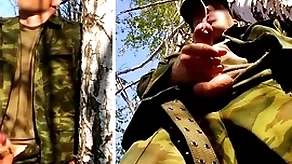 Russian bandit with a big Hawkshaw on a military chore in be transferred to forest shoots sperm from his penis at one's fingertips opponents