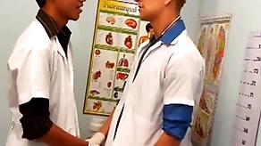 Uniformed twinks breeding asian patient in trio for cum