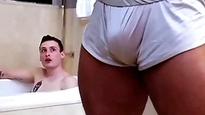 Showerbait chubby gumshoe interracial shower have a passion all round facial